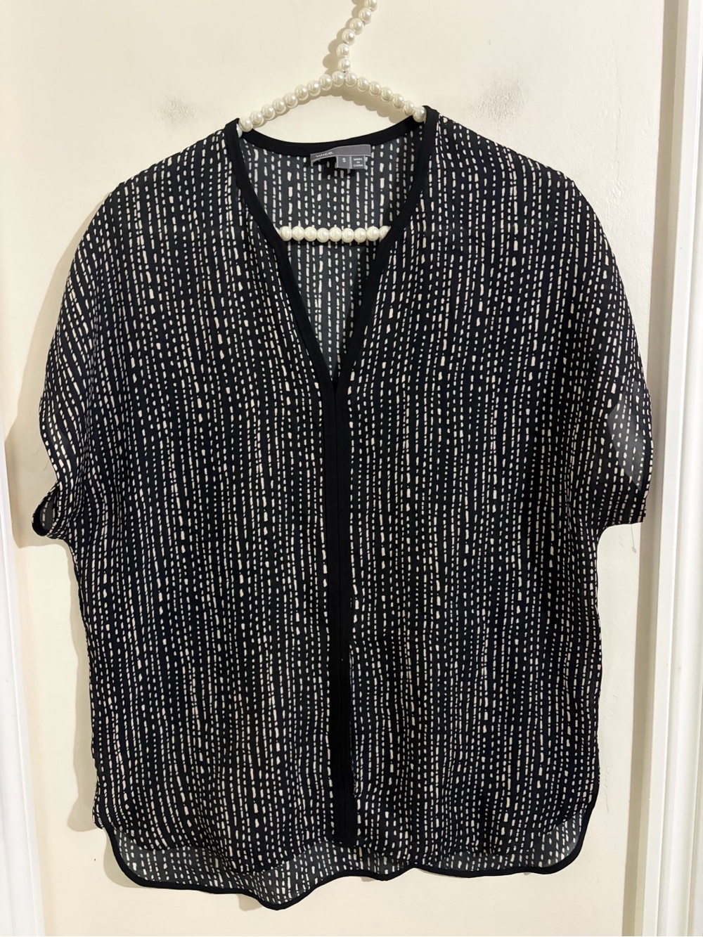Vince Black Blouse with White Dash Stripe Print